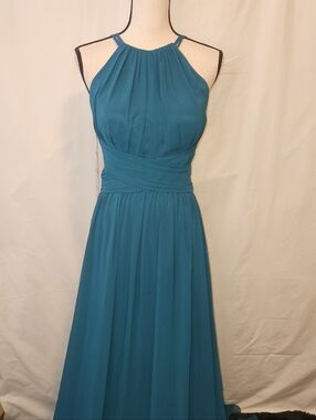 Sleeveless Teal Halter Maxi Gown with Ruched Waist